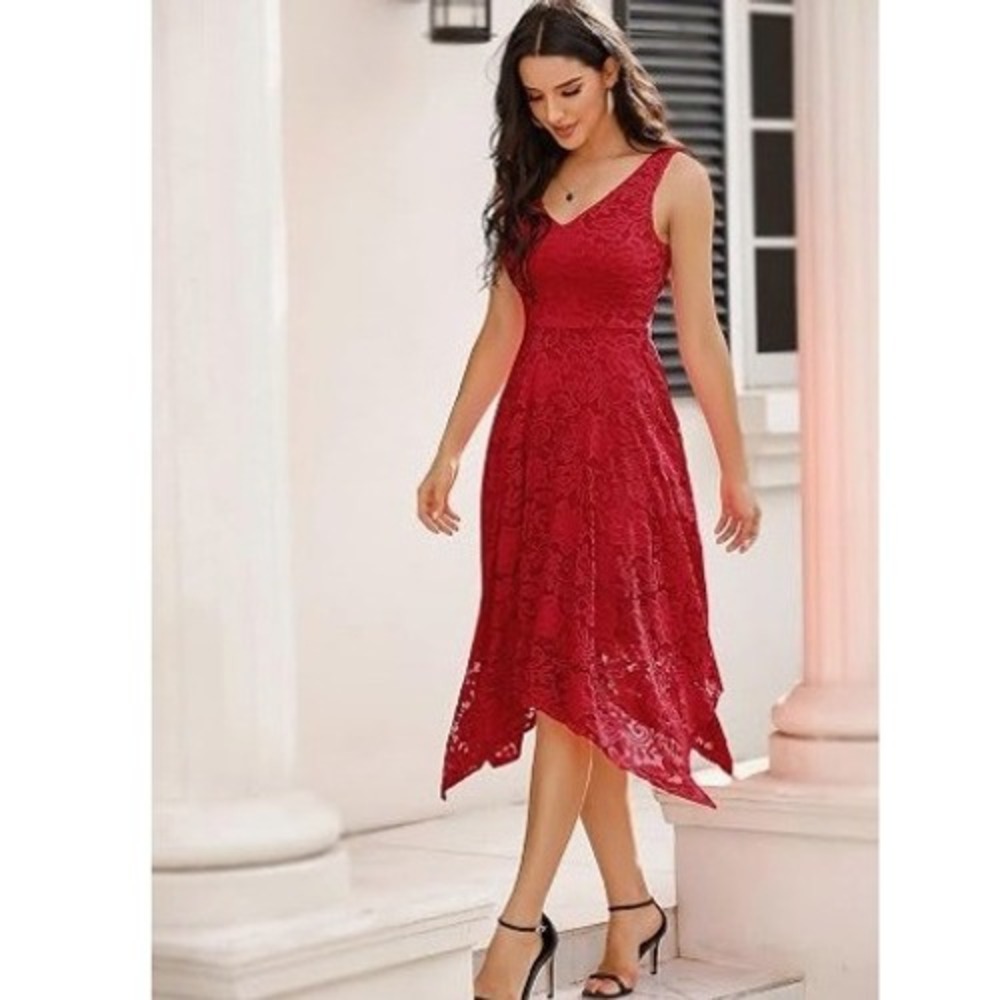 Taylor Floral Lace Asymmetrical Midi Dress Women 2 Red Cocktail Party Chic Dress